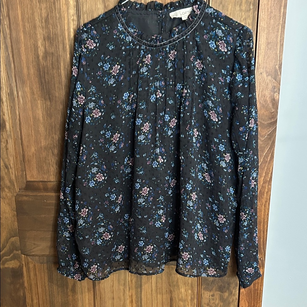 LOFT Floral Print Blouse in Black with Blue and Pink Accents